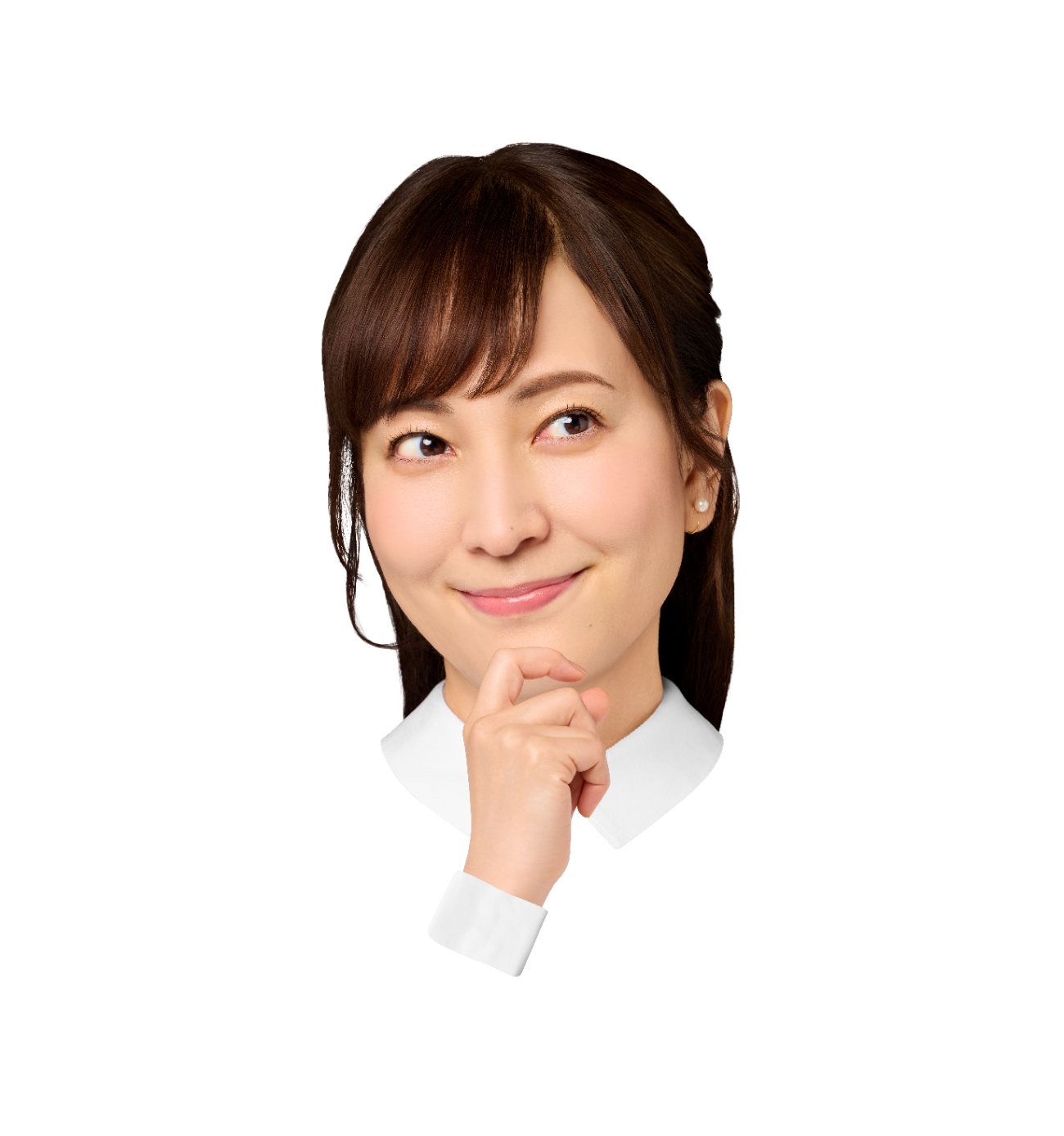 不動産売却の専門家BASEの紹介担当。白いブラウスで頬に手を添えて微笑む女性。